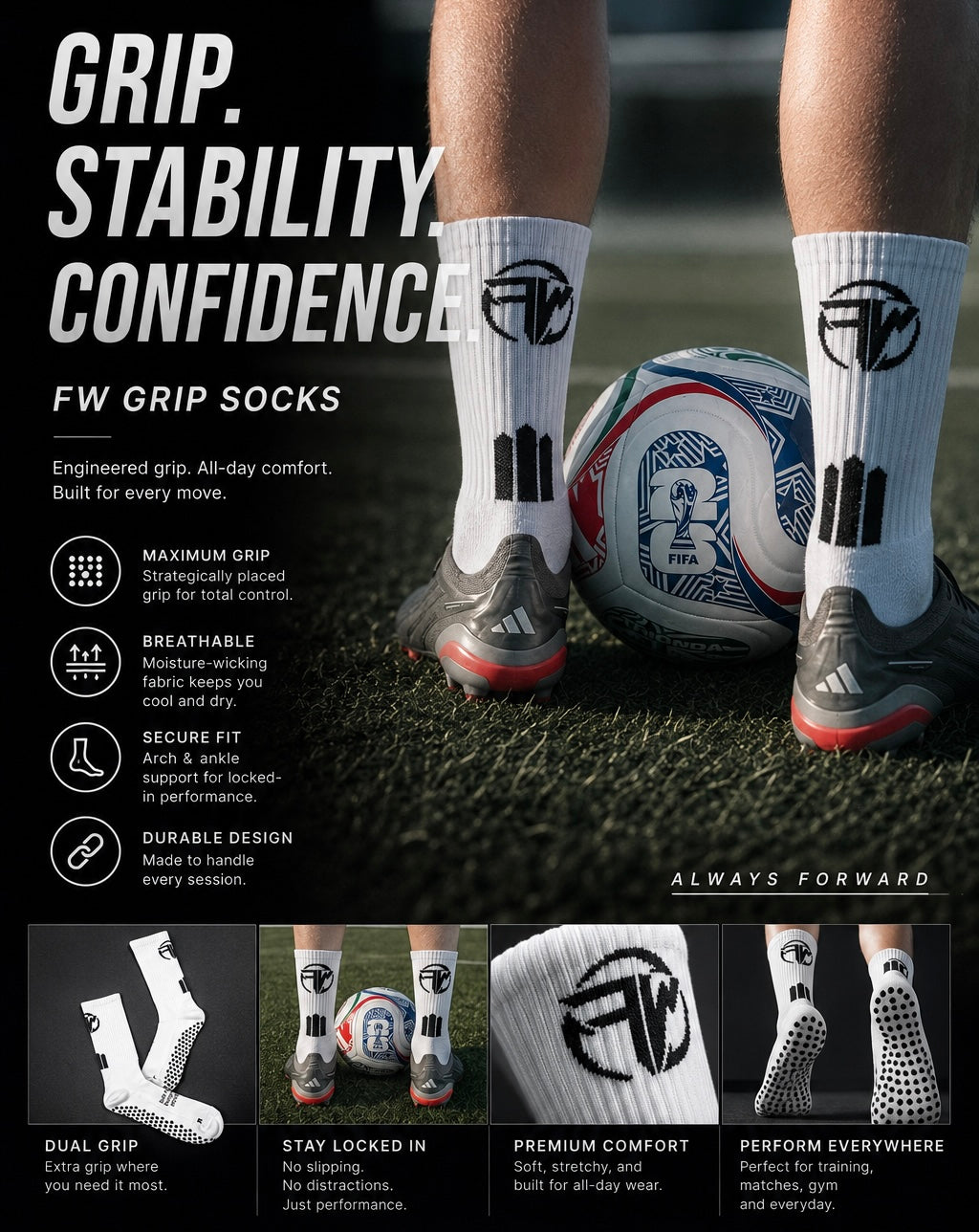 FW Sportswear Performance Grip Socks 2.0 showing rear branding, heel reinforcement and high grip technology with all performance information. 