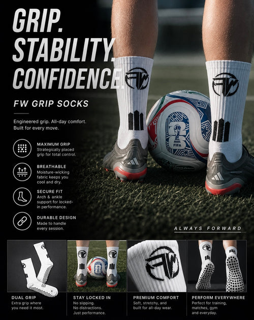 FW Sportswear Performance Grip Socks 2.0 showing rear branding, heel reinforcement and high grip technology with all performance information. 