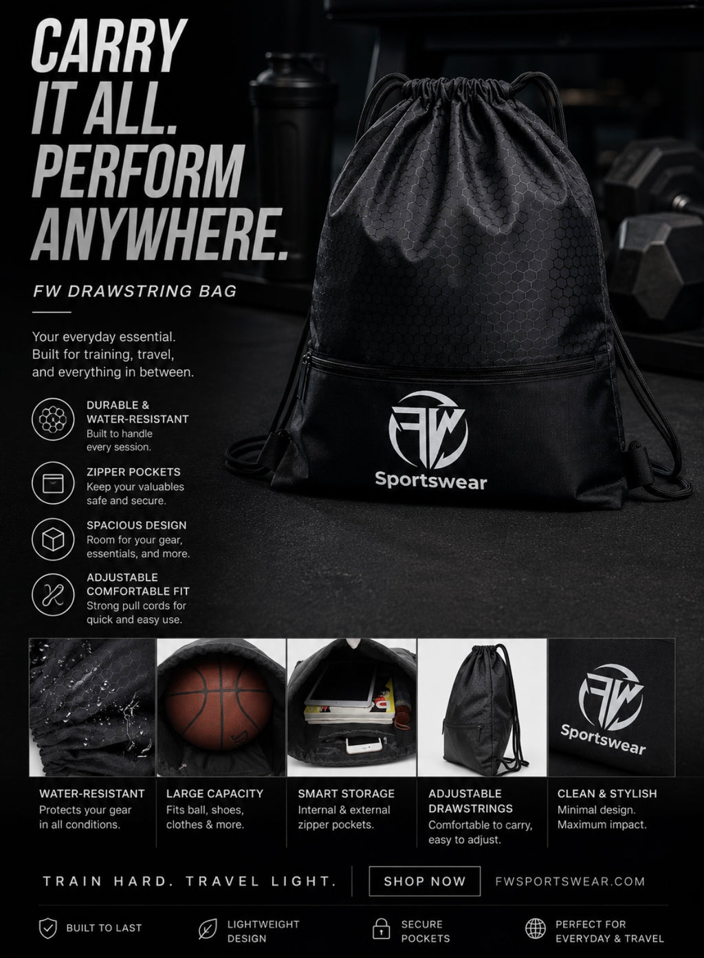 FW Sportswear Performance Drawstring Bag showing all performance related information. 
