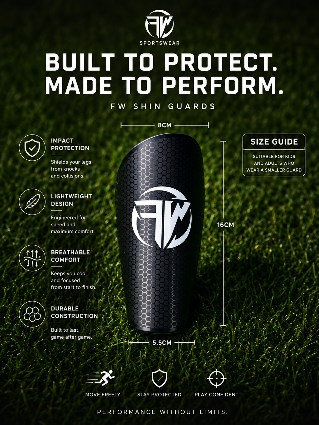 FW Sportswear shin guards showcasing the FW branding showing all performance related features of the shin guards including suitable size guide.
