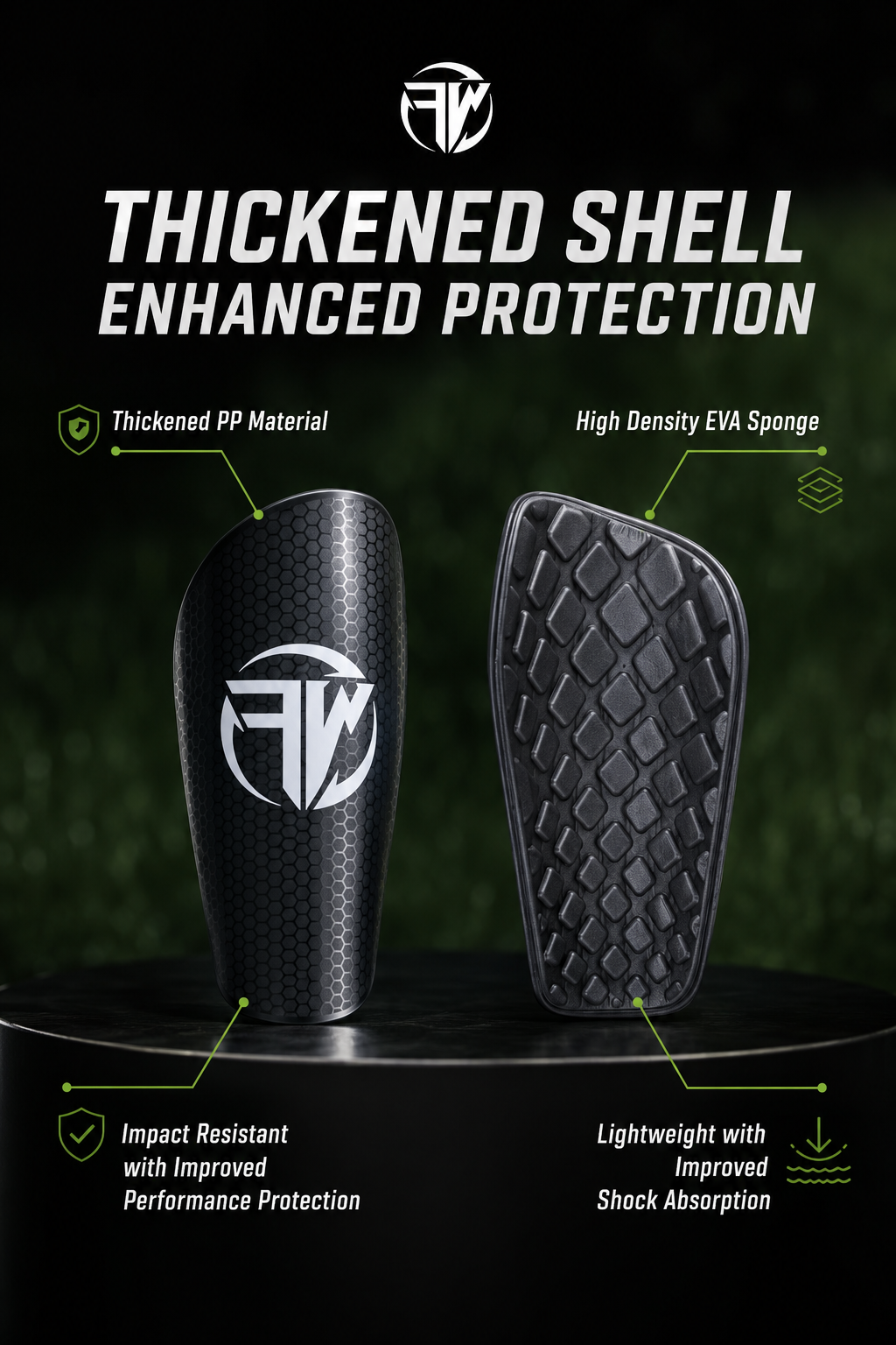 FW Sportswear shin guards showing front and rear view, detailing the thickened PP material, impact resistant outer shell with enhanced protection and lightweight high density EVA sponge. 