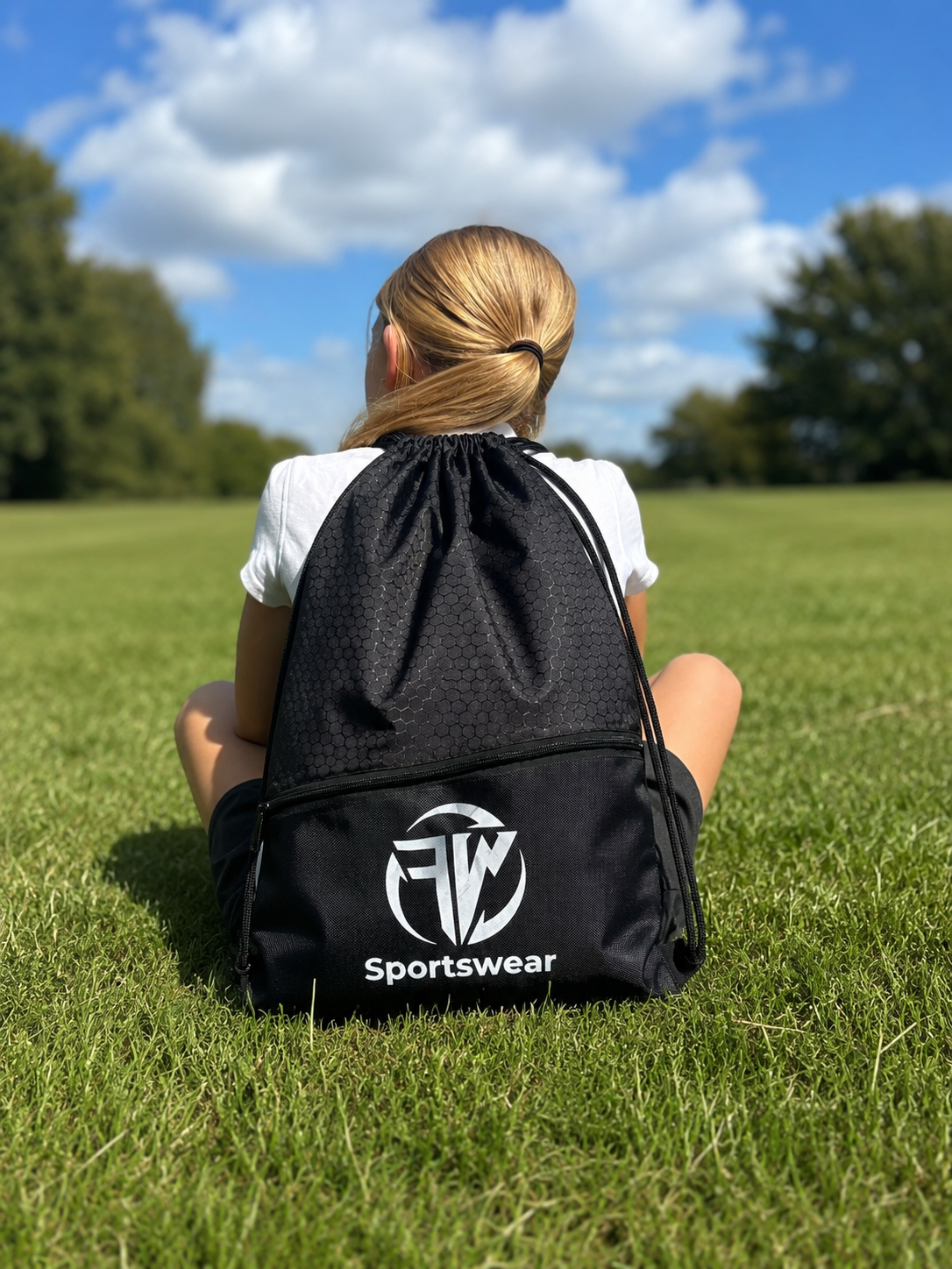 FW Sportswear Performance Drawstring Bag worn on back.